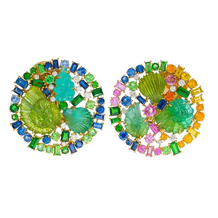Margot McKinney Tree of Life earrings featuring carved tourmalines accented with multi-coloured sapphires and tsavorites