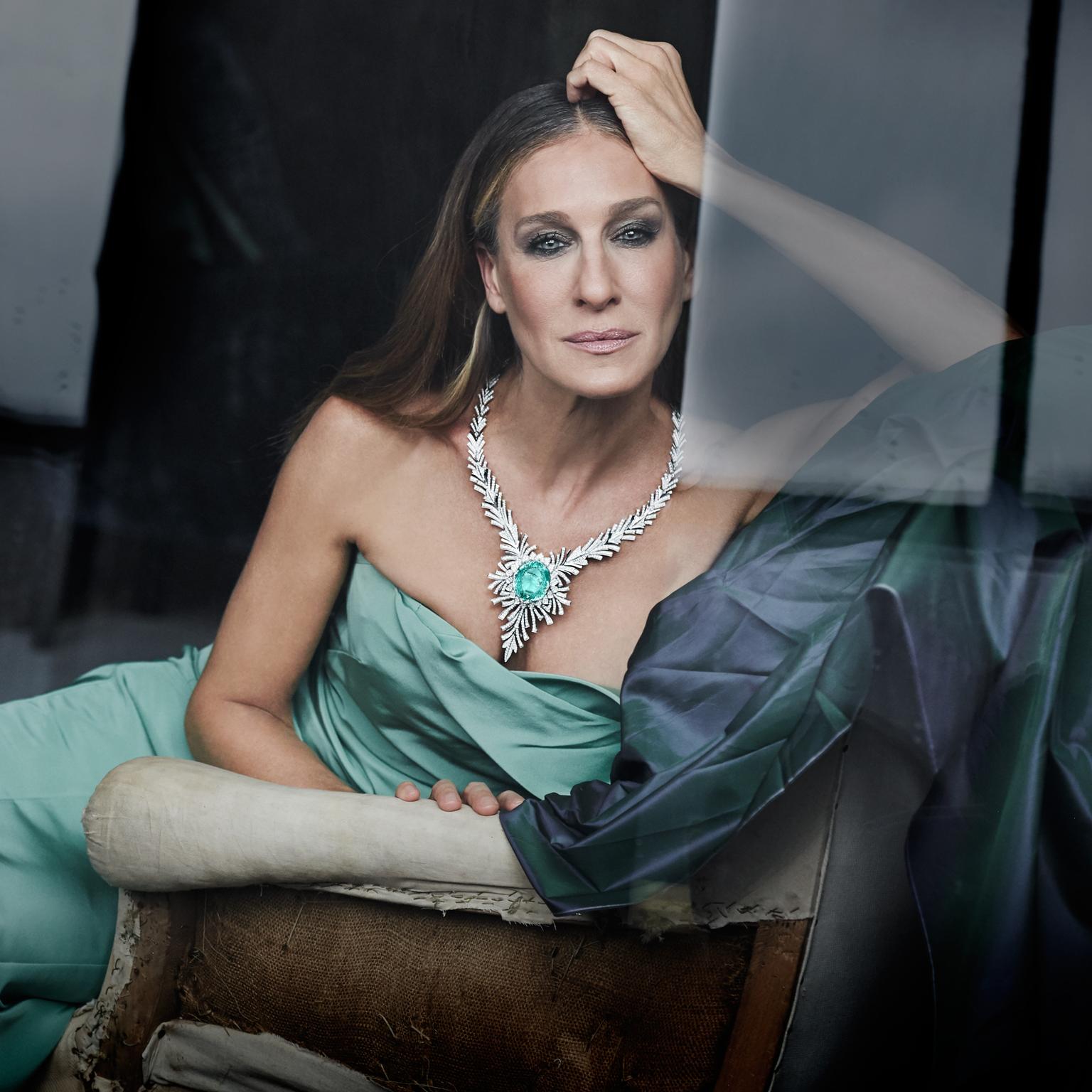 Sarah Jessica Parker wearing one of Kat Florence's largest creations to date, a 98.50 carat Paraiba tourmaline necklace