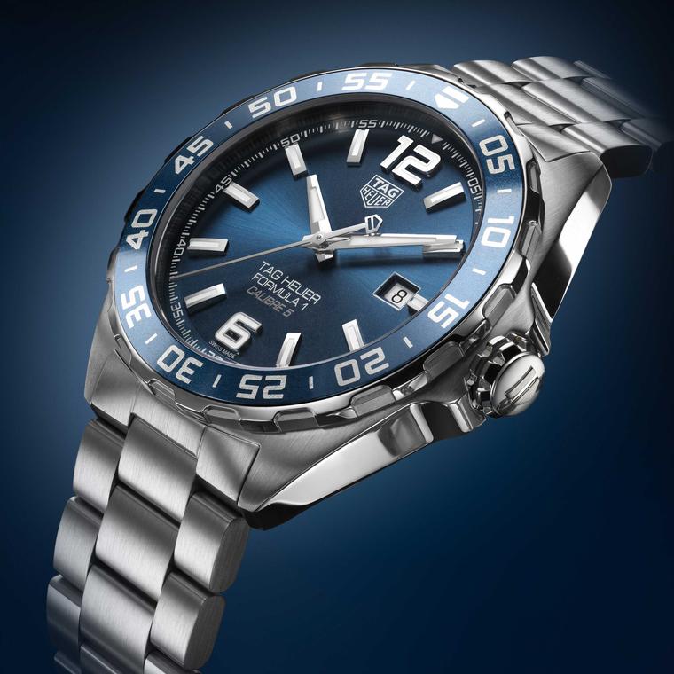 TAG Heuer Formula 1 Bucherer Blue Edition watch on stainless steel side view Price £1650