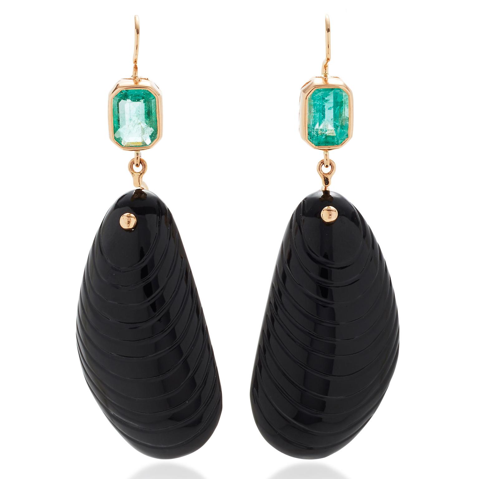 Dezso black onyx shell earrings with emeralds