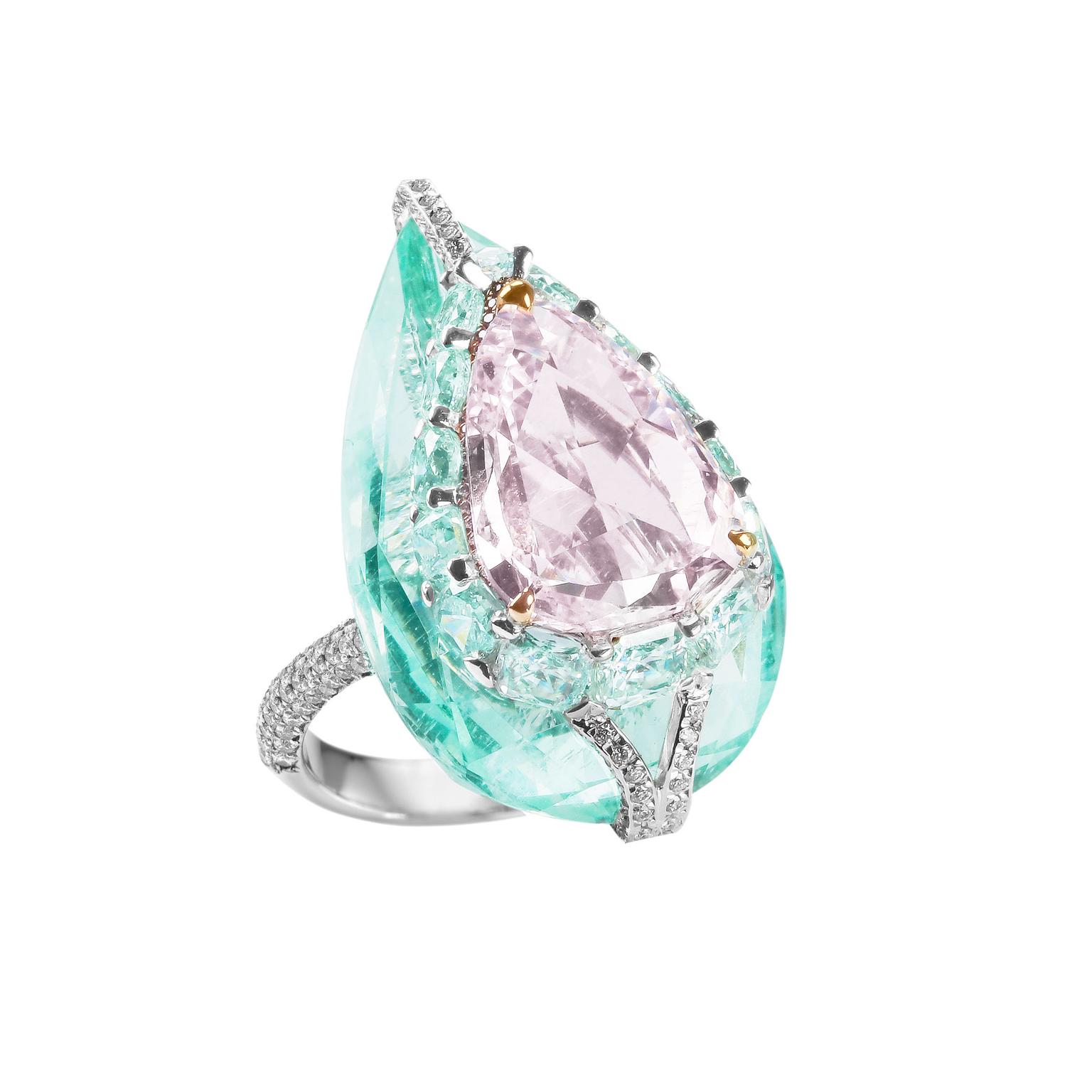 Boghossian Kissing Diamond pink diamond and beryl ring