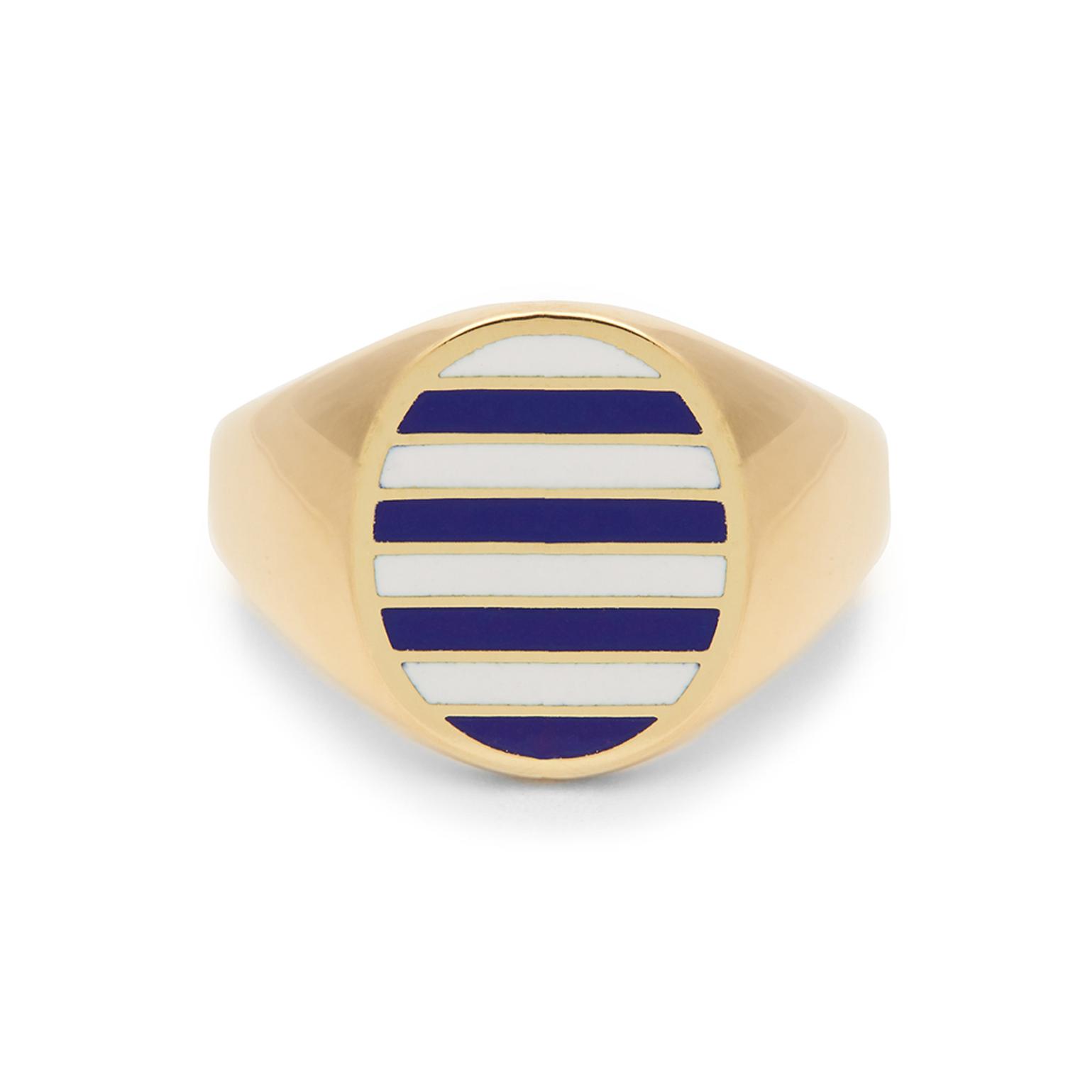 Jessica Biales striped enamel signet ring in yellow gold