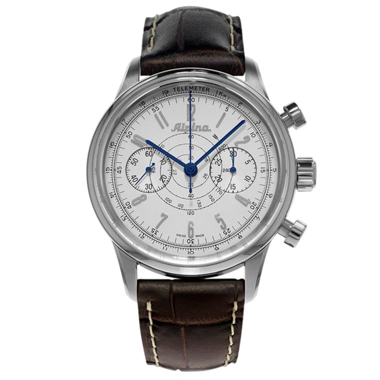 Alpina's vintage-style 130 Heritage Pilot Chronograph features a bi-compax layout complemented with telemetre and tachymetre scales marking it as a professional aviation companion (£2,100).