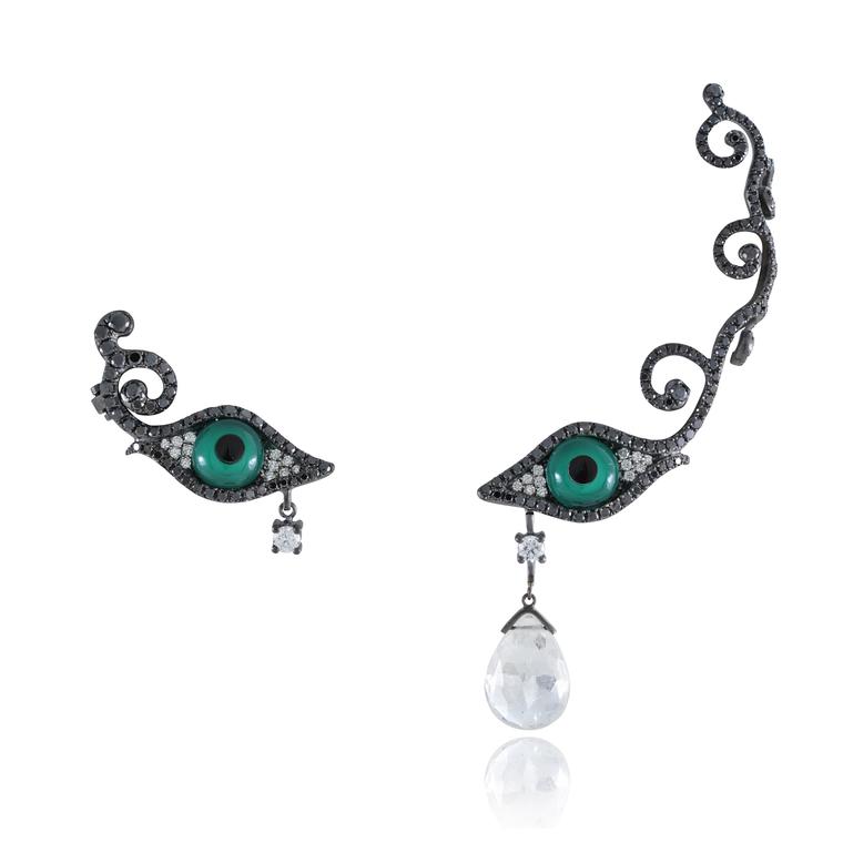 Eyes ear cuff and earring with precious gemstones