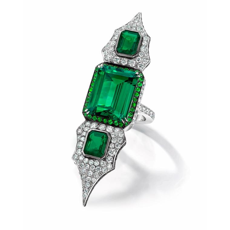 Anna Hu Modern Art Deco emerald ring
