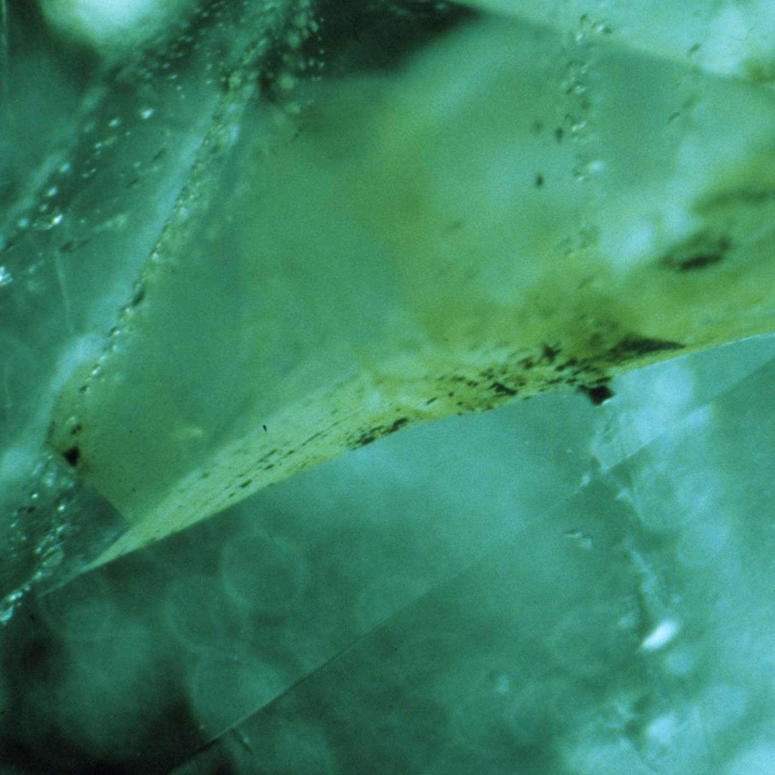 Close up of an emerald treated with coloured oils showing colour concentrations in the fractures. Copyright GIA