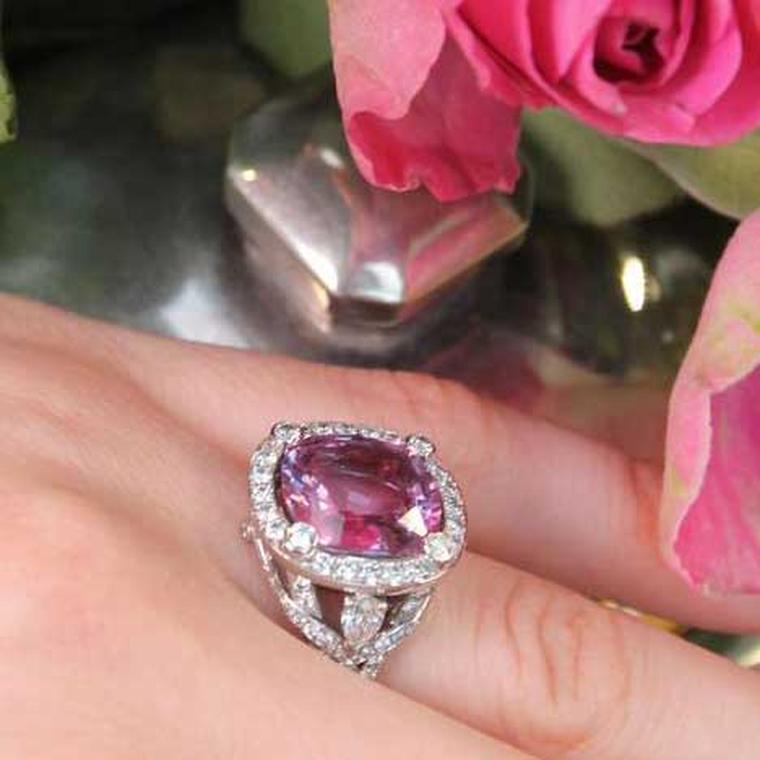 Gorgeous Halo Cushion Cut Pink Sapphire Engagement Ring from Black Diamonds  New York