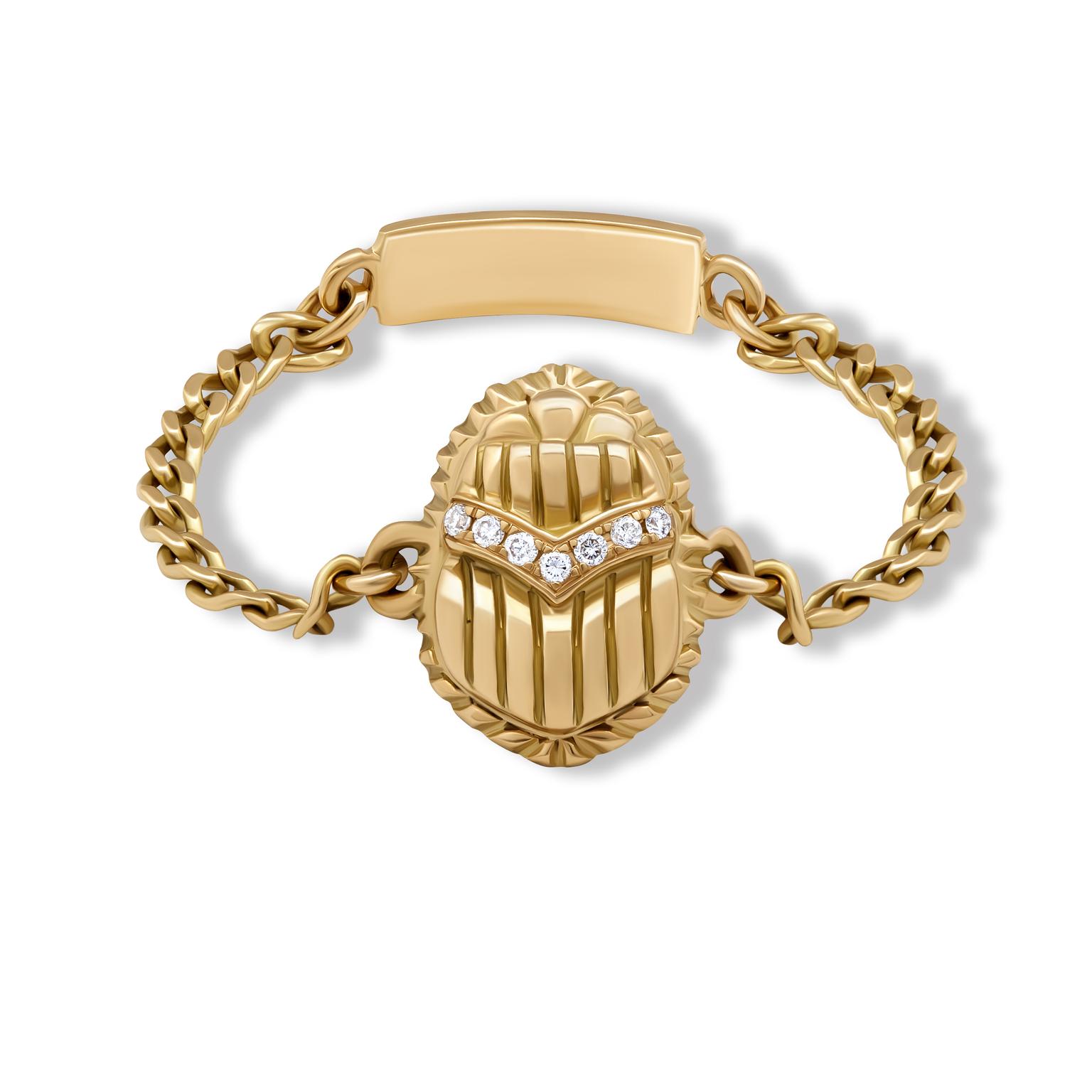 18kt Gold chain scarab ring adorned with Diamonds