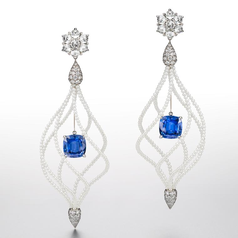 Suzanne Syz Lady Hamilton earrings with Ceylon sapphires, diamonds and pearls