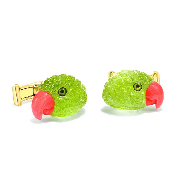 Parrot carved peridot cufflinks