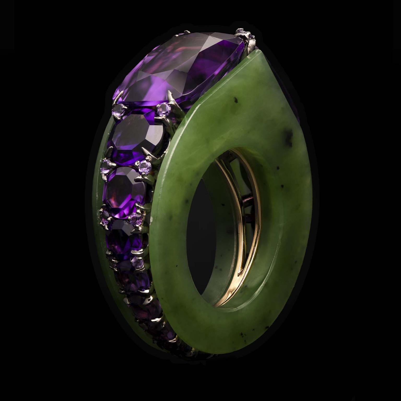 Ninotchka nephrite and amethyst ring