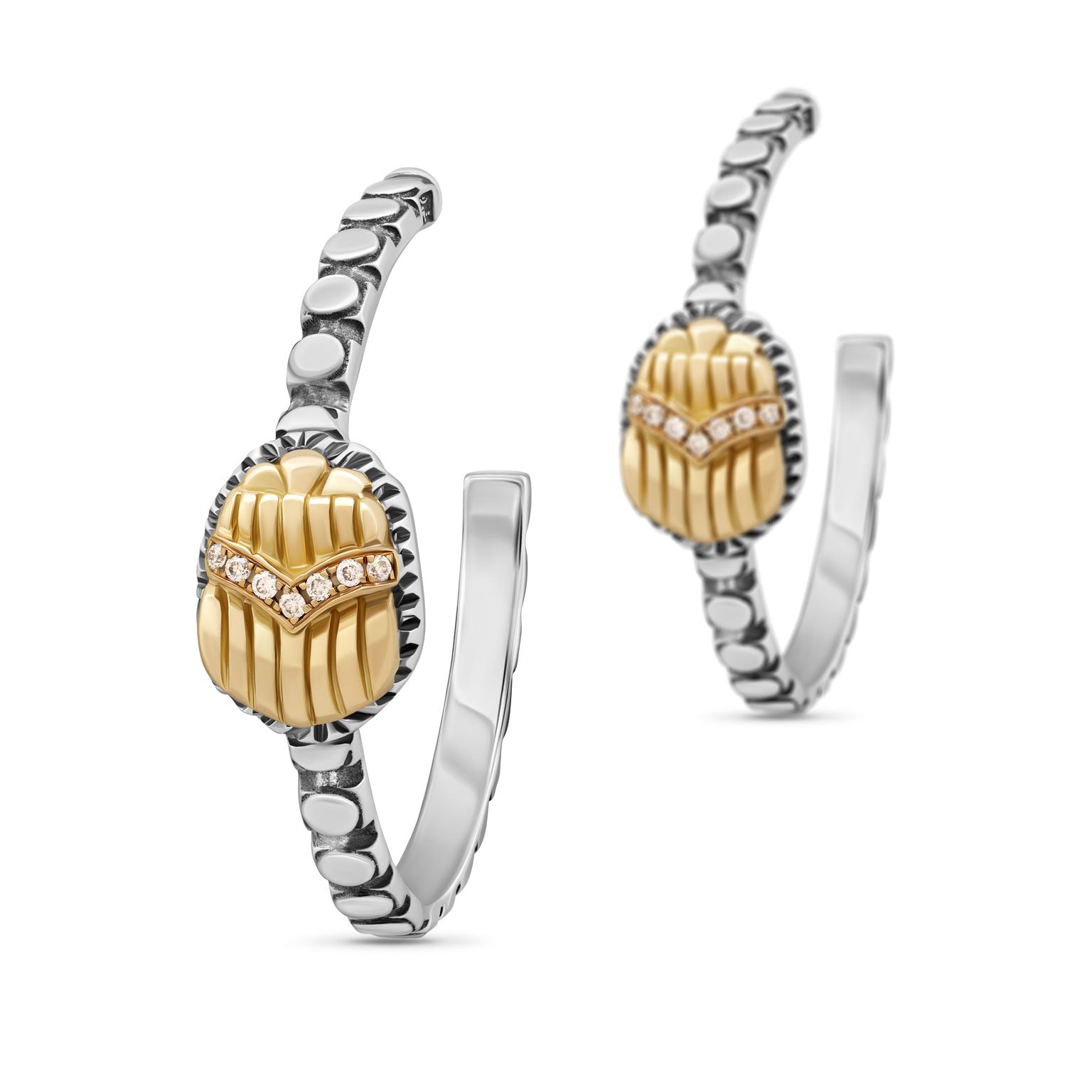 18kt Gold and Sterling silver Hoop scarab earrings with Champagne Diamonds