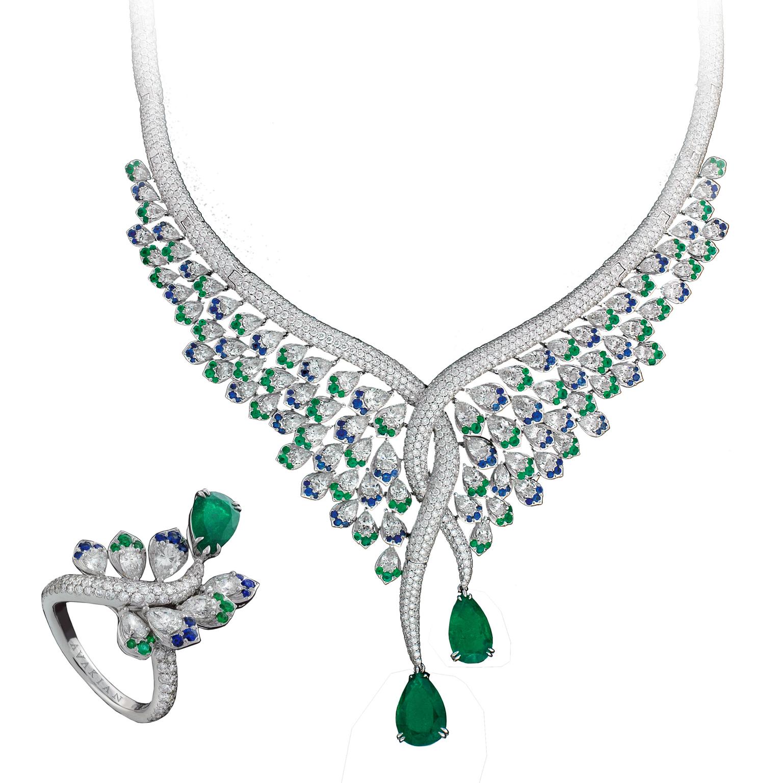 Avakian emerald, sapphire and diamond set