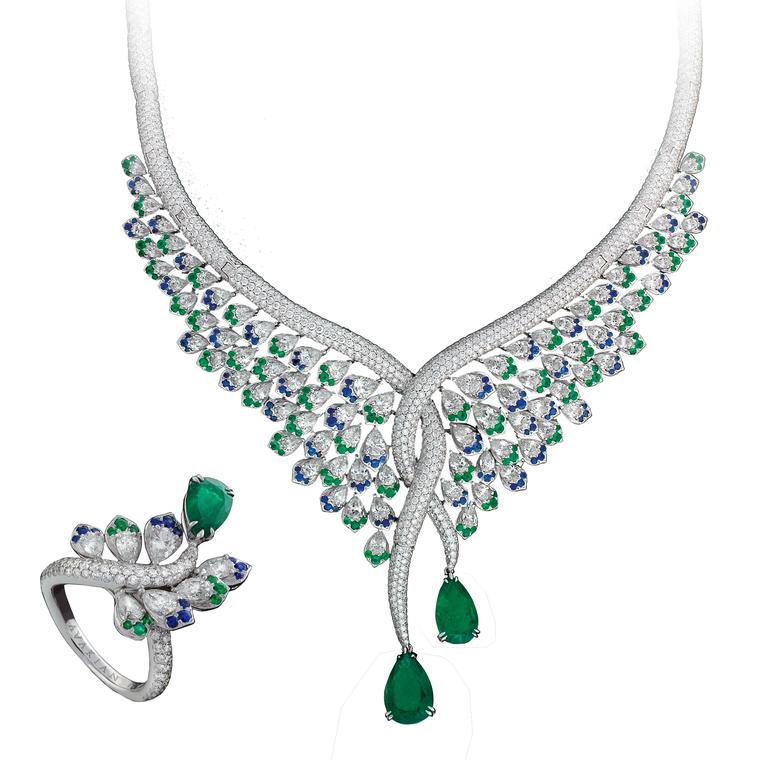 Emerald, sapphire and diamond necklace and ring set