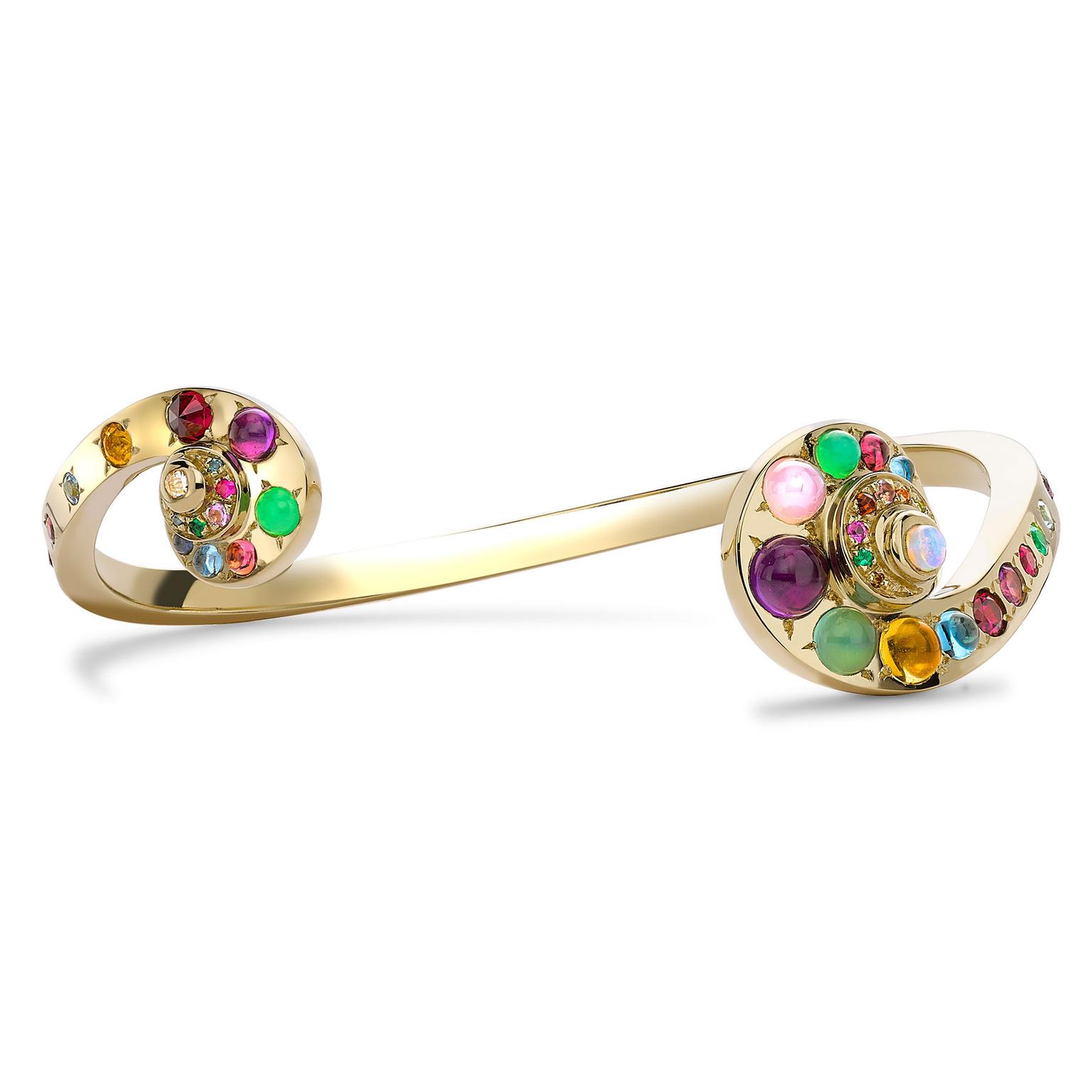 Venyx Moonshell yellow gold bangle with coloured gemstone cabochons