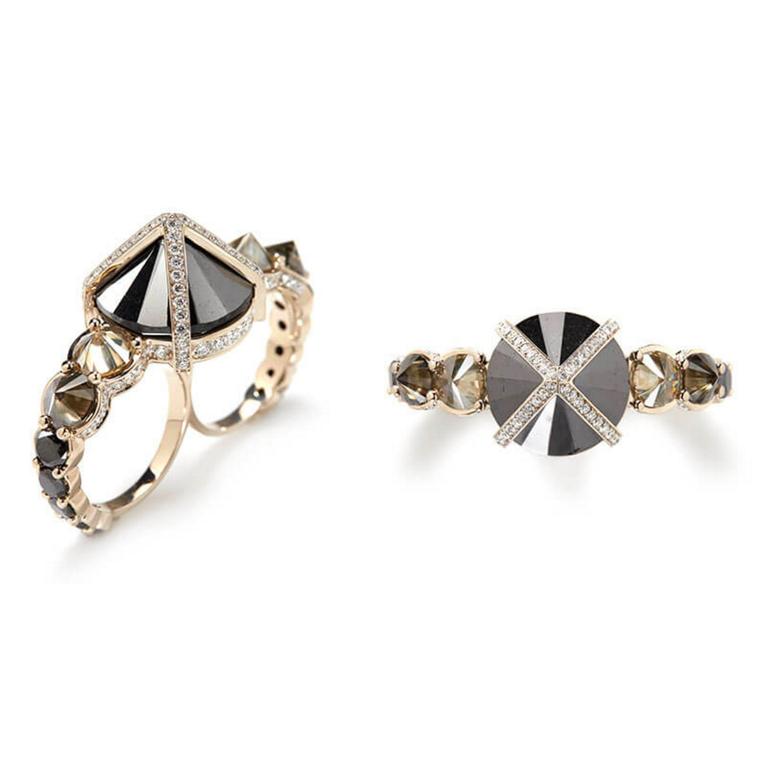 Double-Finger white, grey and inverted black diamond ring 