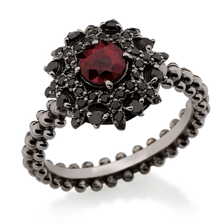 Carla Amorim Bachiana ruby and black diamond engagement ring