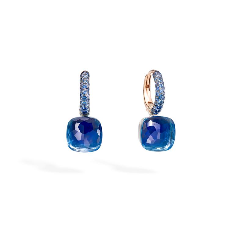 Nudo earrings with London blue topaz, lapis and blue sapphires by Pomellato