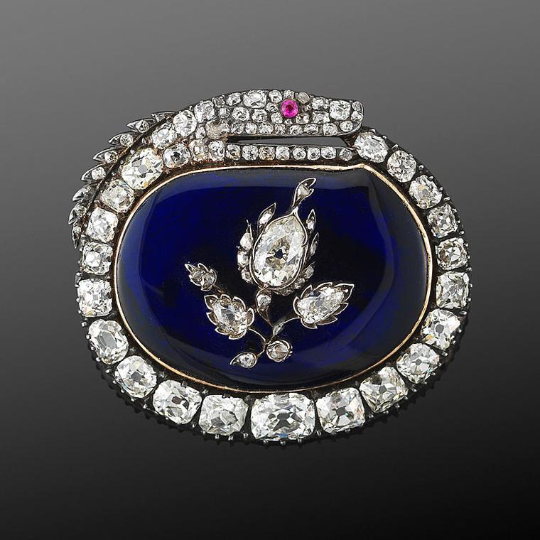 Antique brooches Fred Leighton brooch with blue enamel and diamonds