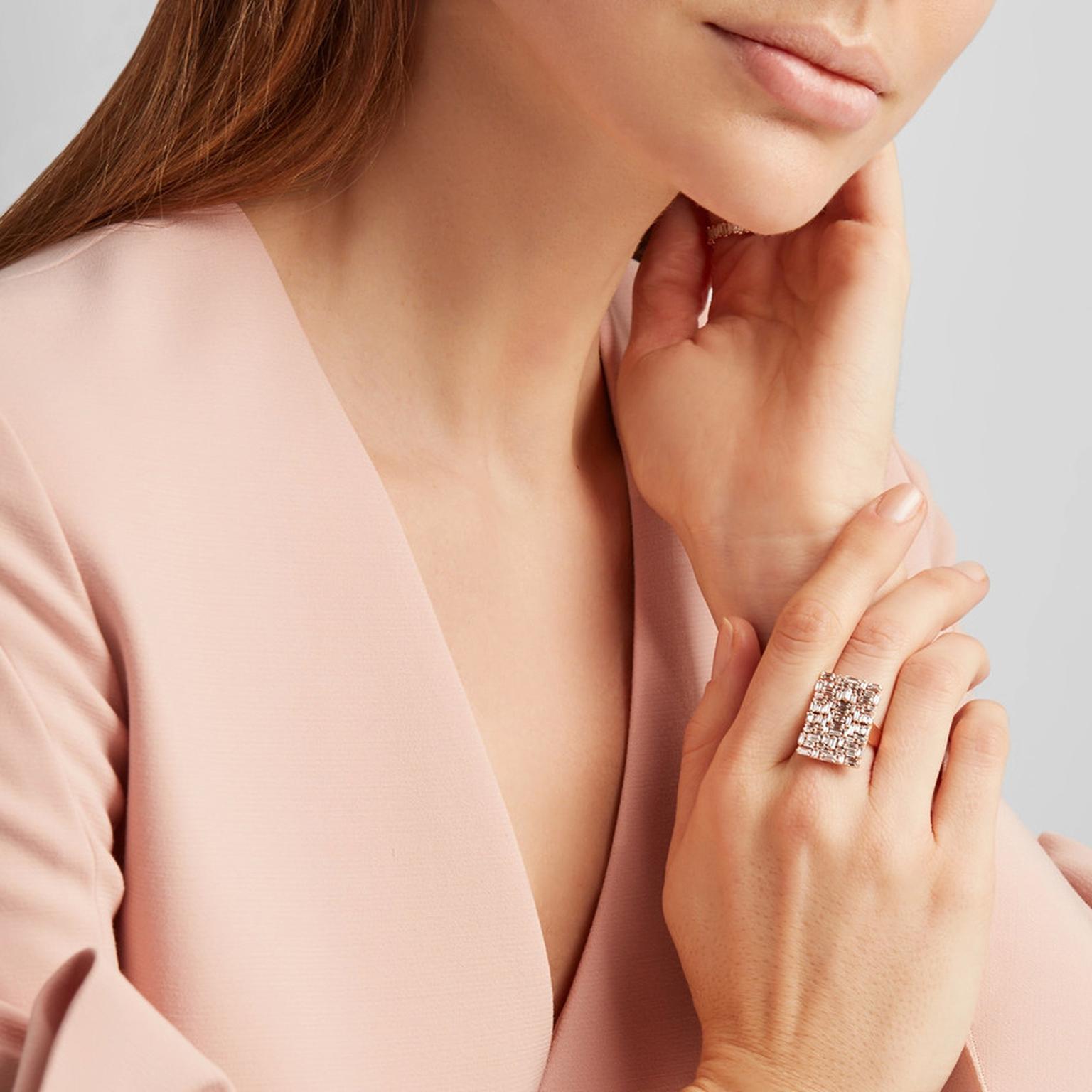 Suzanne Kalan rose gold and diamond ring on model