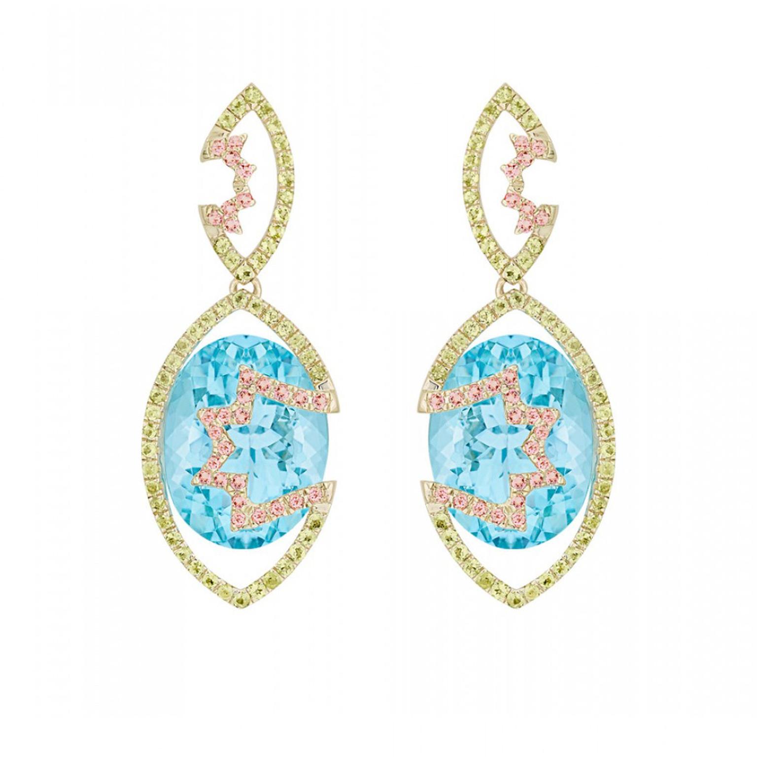 Arya Esha Swiss blue topaz earrings with tourmaline and peridot accents