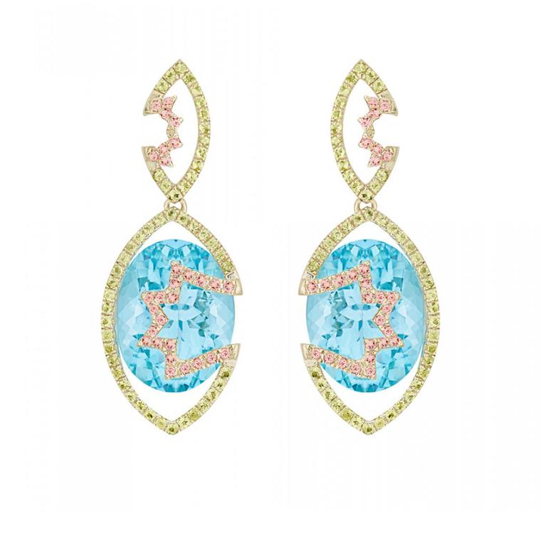 Arya Esha Swiss blue topaz earrings with tourmaline and peridot accents