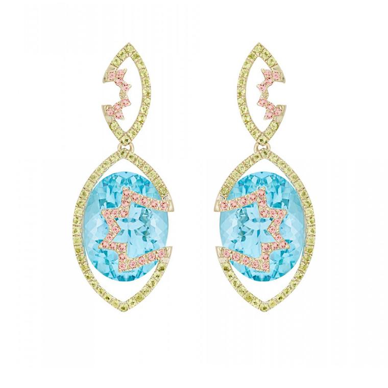 Arya Esha Swiss blue topaz earrings with tourmaline and peridot accents