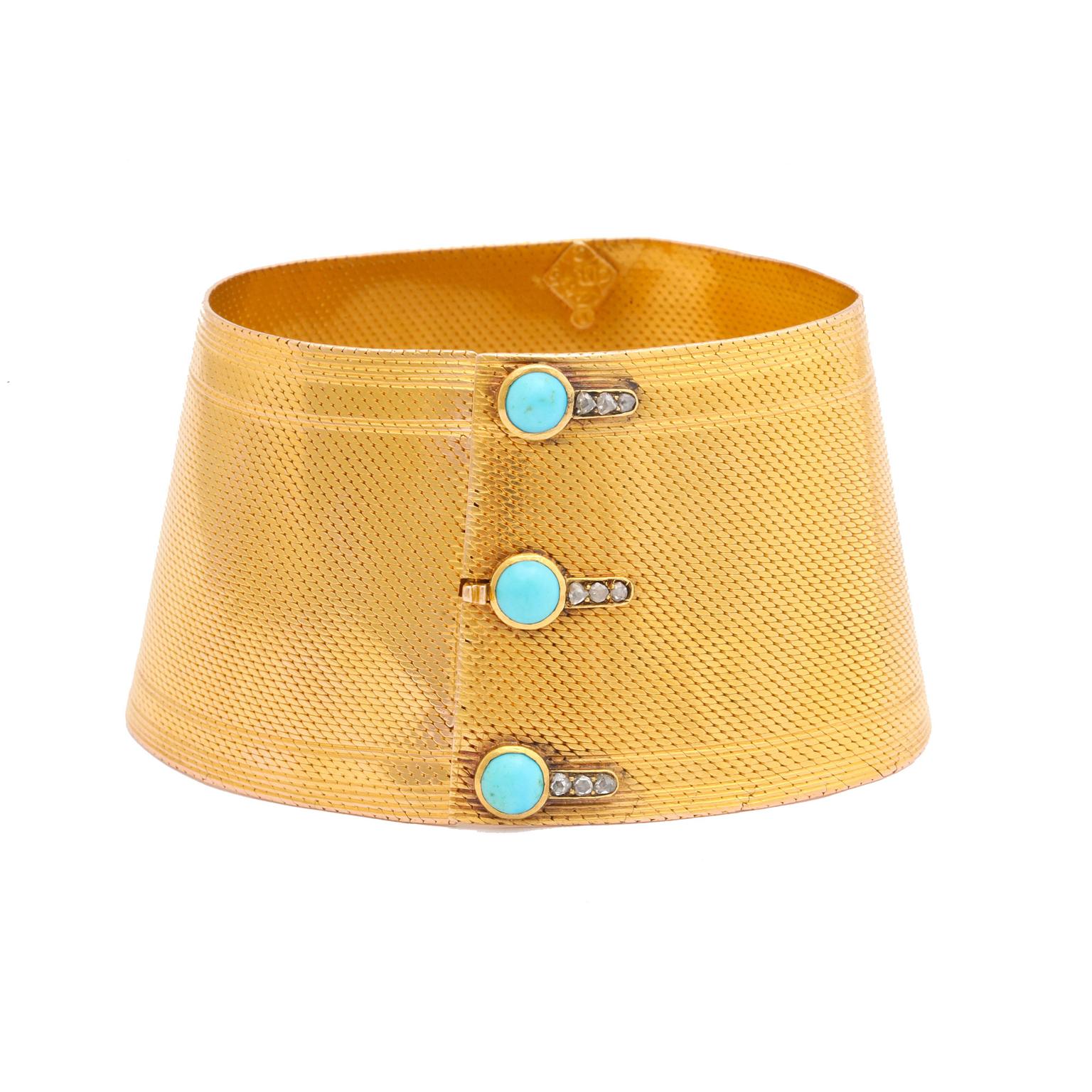Pat Saling gold cuff bracelet with turquoise buttons