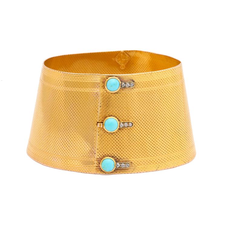 Pat Saling gold cuff bracelet with turquoise buttons