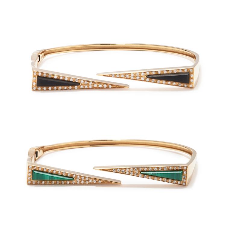 Maiyet Dagger gold bracelets with black horn, malachite and diamonds