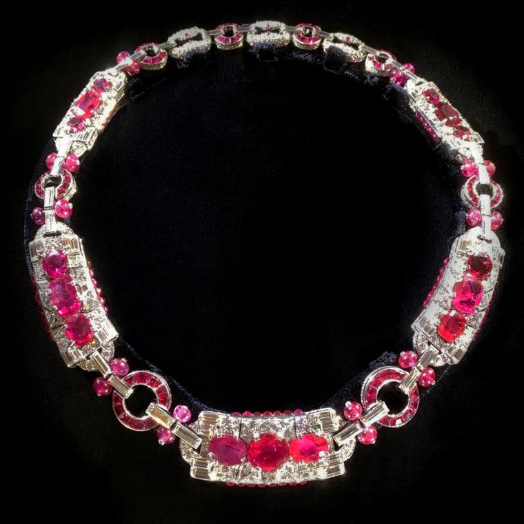 Cartier 1930 ruby and diamond necklace for sale at SJ Phillips, seen at TEFAF 2017