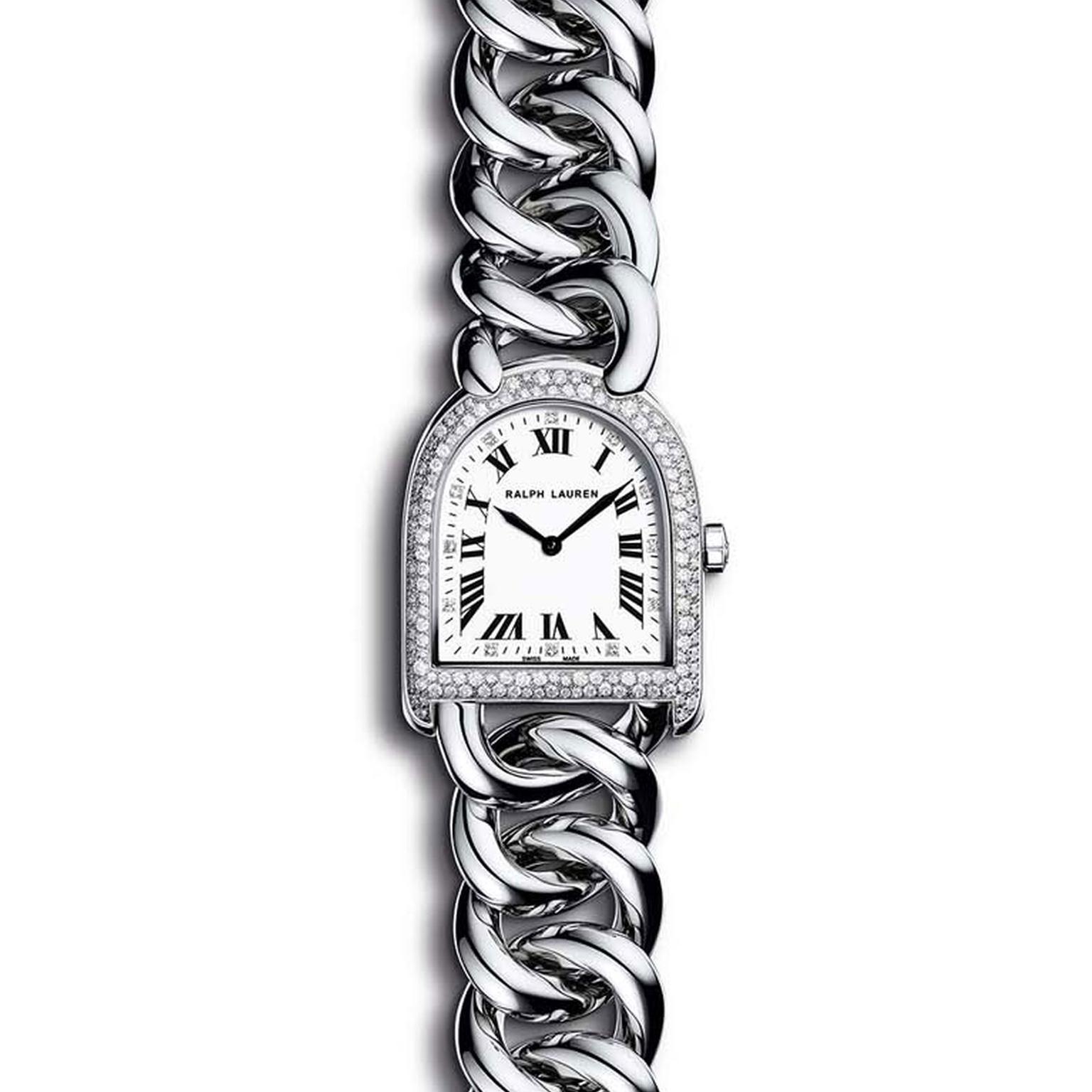 Ralph Lauren Petite Stirrup Link watch with a chain link bracelet and snow-set diamond bezel (£4,250).