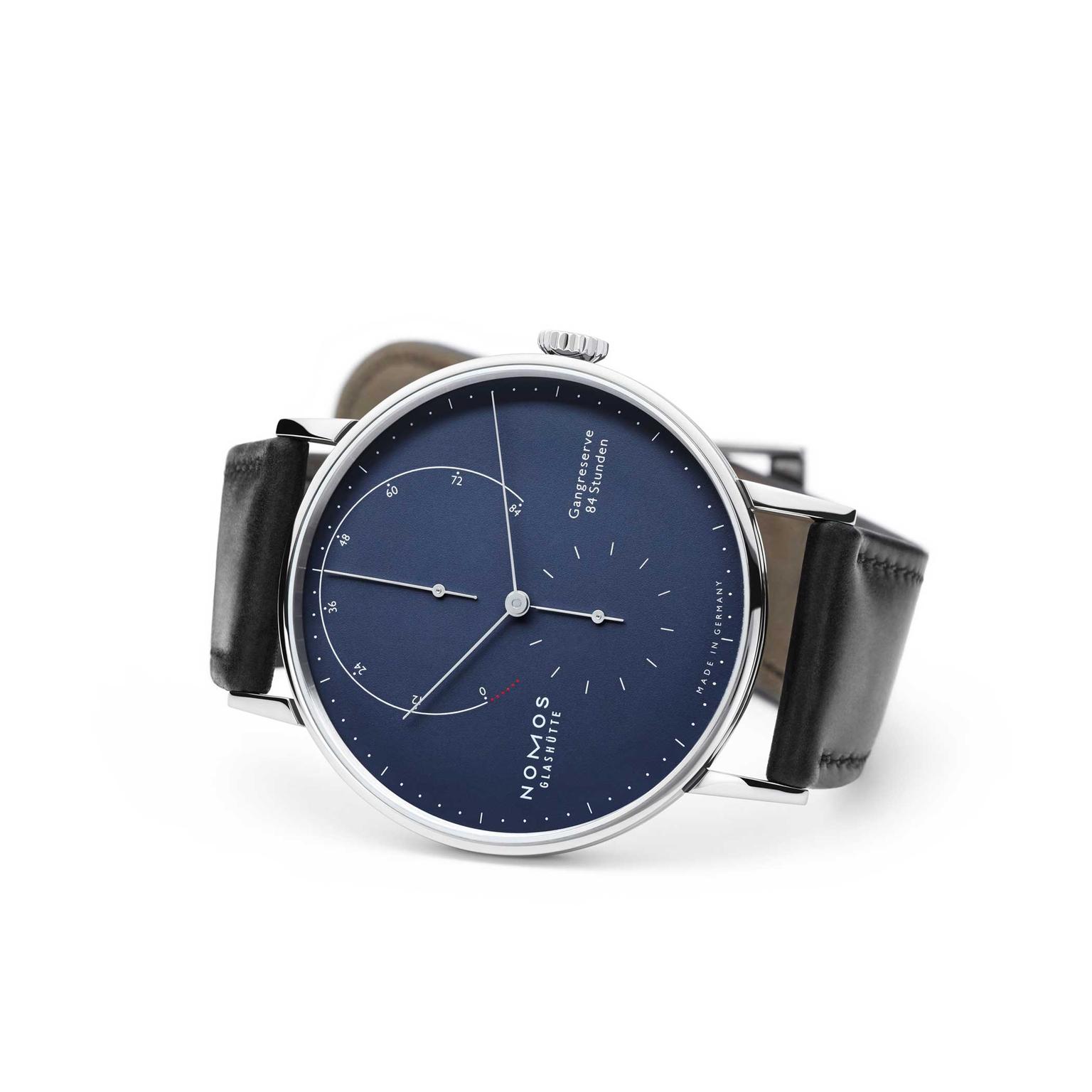 Nomos-Lambda-white-gold-deep-blue-dial