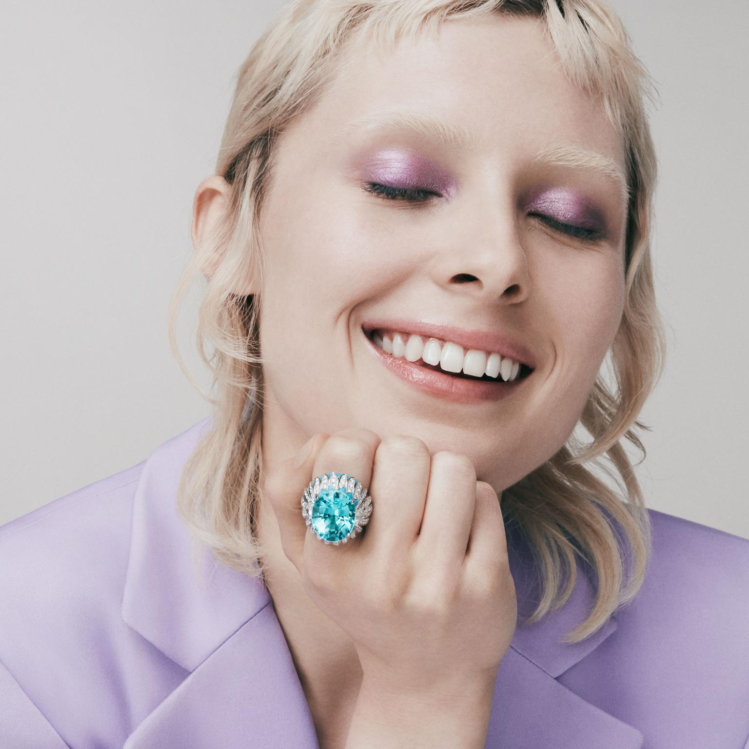 Azure cocktail ring by David Morris on model