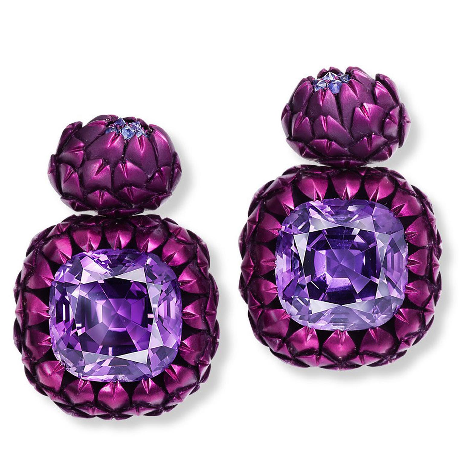 Hemmerle artichoke amethyst and sapphire aluminium earrings