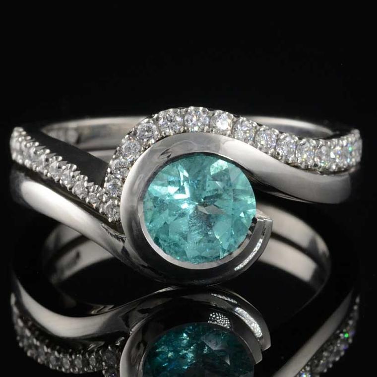 McCaul Goldsmiths Paraiba tourmaline engagement ring with matching diamond wedding band