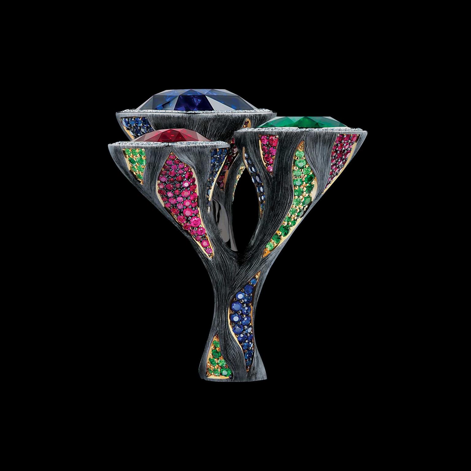 Maxim V Art Stones ring with emerald, ruby and sapphire