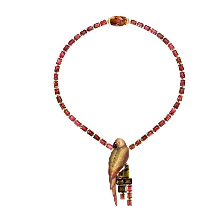 Ilgiz F enamel Parrot necklace with a tourmaline necklace