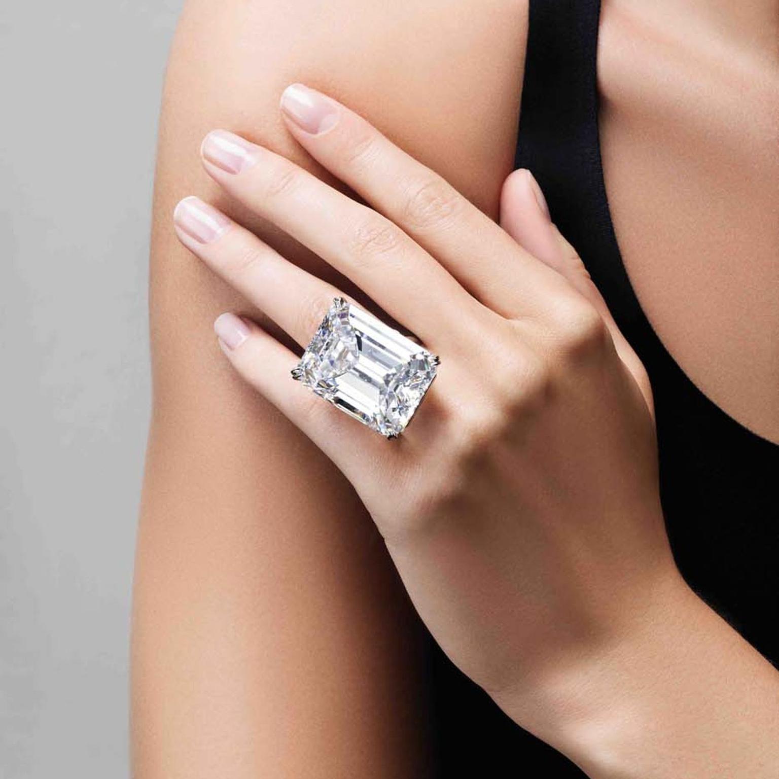 Three Stone Emerald Cut Moissanite Engagement Ring | Rare Earth Jewelry