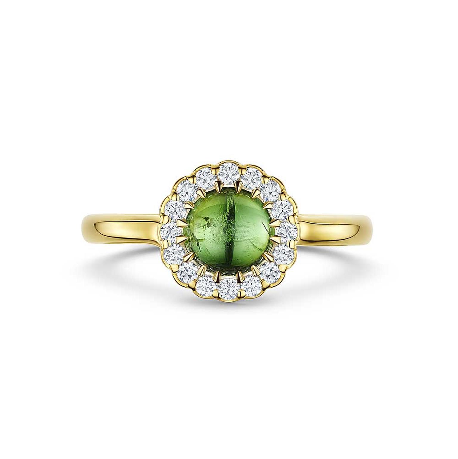 Andrew Geoghegan Cannele Twist cabochon tourmaline ring in 18ct yellow gold with diamonds