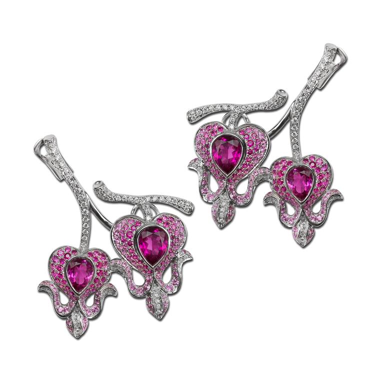 Morphée Bleeding Hearts rubellite, tourmaline, sapphire and diamond earrings