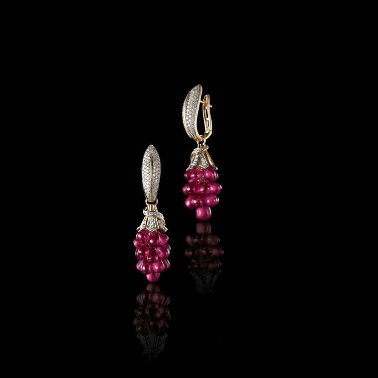 Farah Khan for Tanishq ruby earrings with diamonds set in yellow gold.