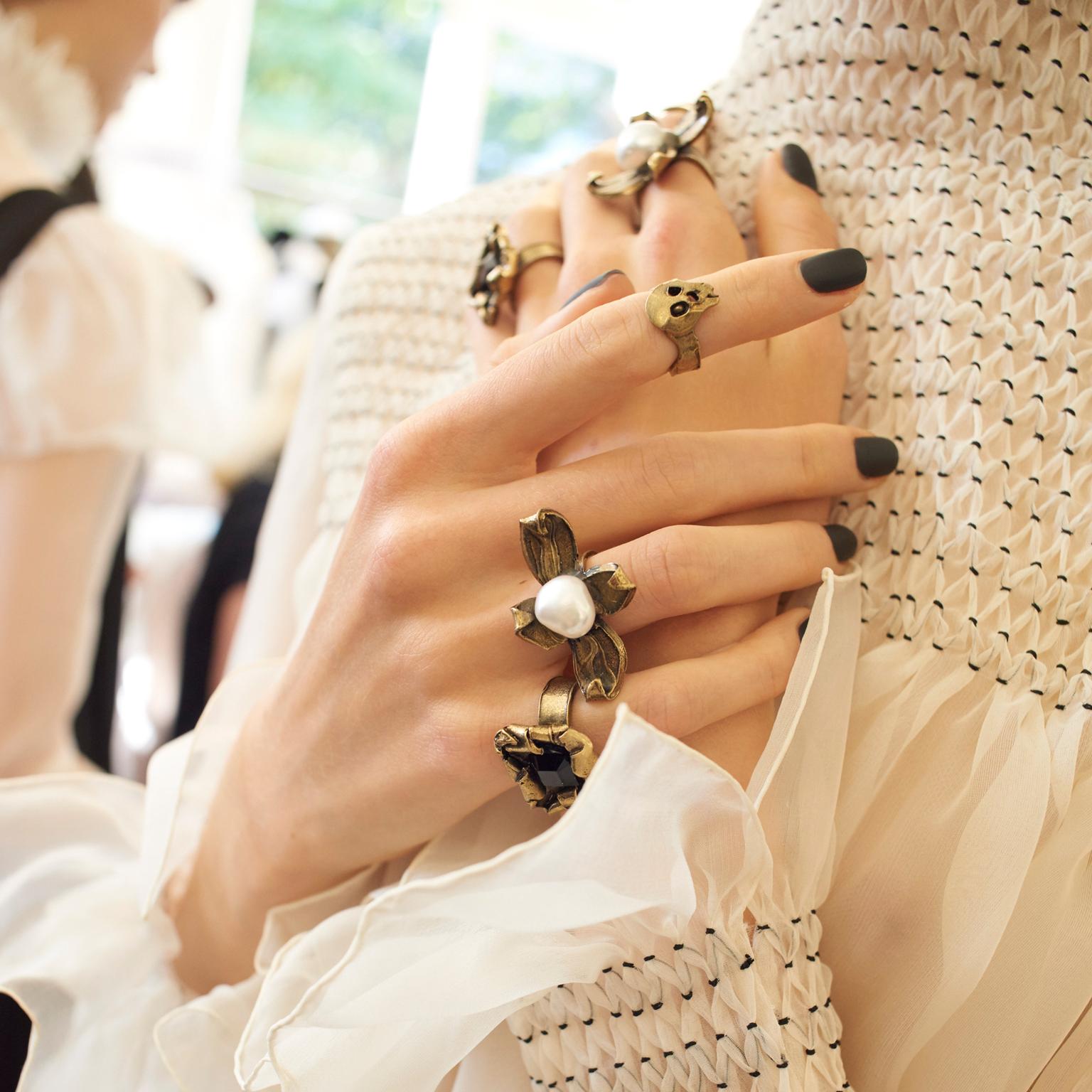 A handful of Alessandro Gaggio-designed Elizabethan punk rings created for Valentino's Shakespearean-inspired catwalk show