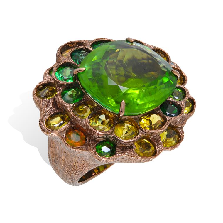 Lydia Courteille Queen of Sheba opal, tsavorite and tourmaline ring