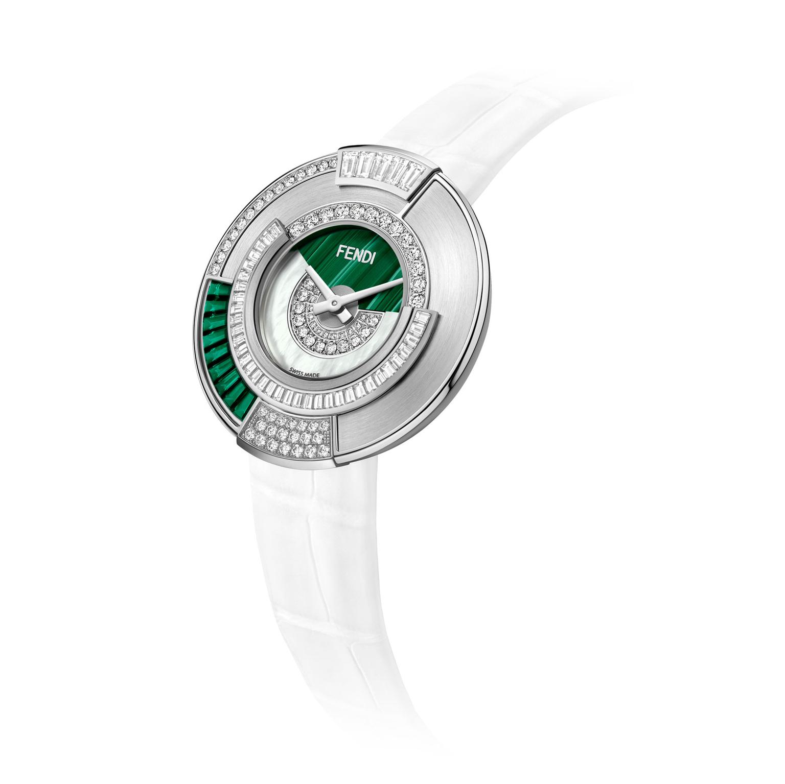 Fendi Policromia watch in white gold with emeralds, malachite and diamonds