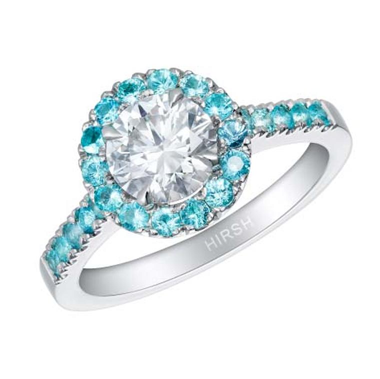 Hirsh round diamond and Paraiba tourmaline halo engagement ring