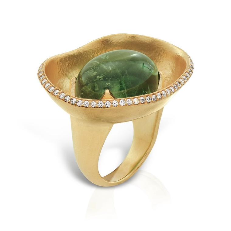 Flower petal ring with green tourmaline by Lalaounis