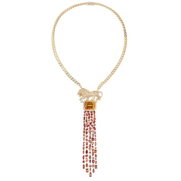 The ‘Passionate’ necklace from Chanel’s L’Esprit du Lion high jewellery collection set with an octagon-cut 29.65-carat orange topaz, a round-cut diamond and 82 fancy-cut multicolour sapphires and a further 942 brilliant-cut diamonds. 