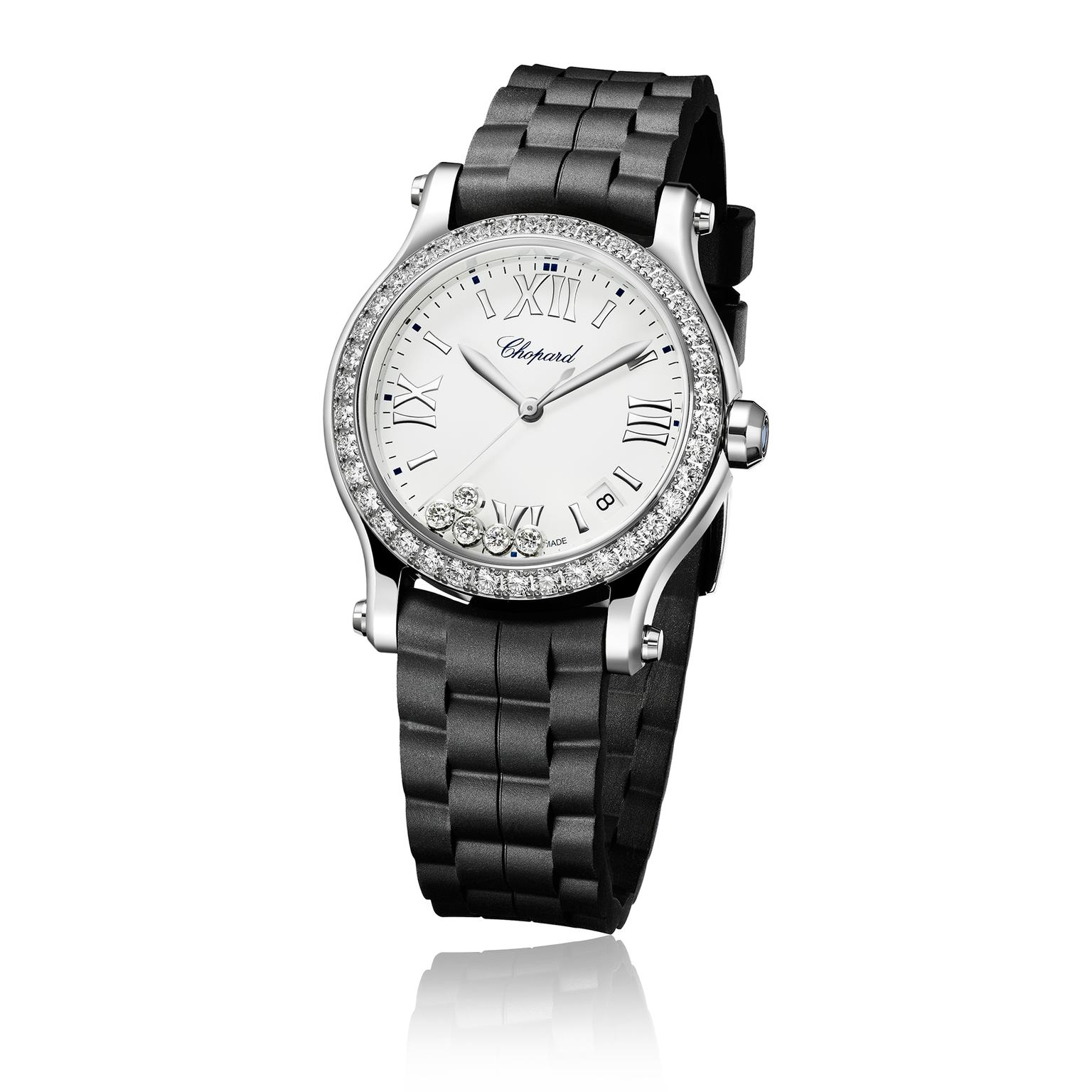 Chopard Happy Sport watch with black strap and diamond bezel