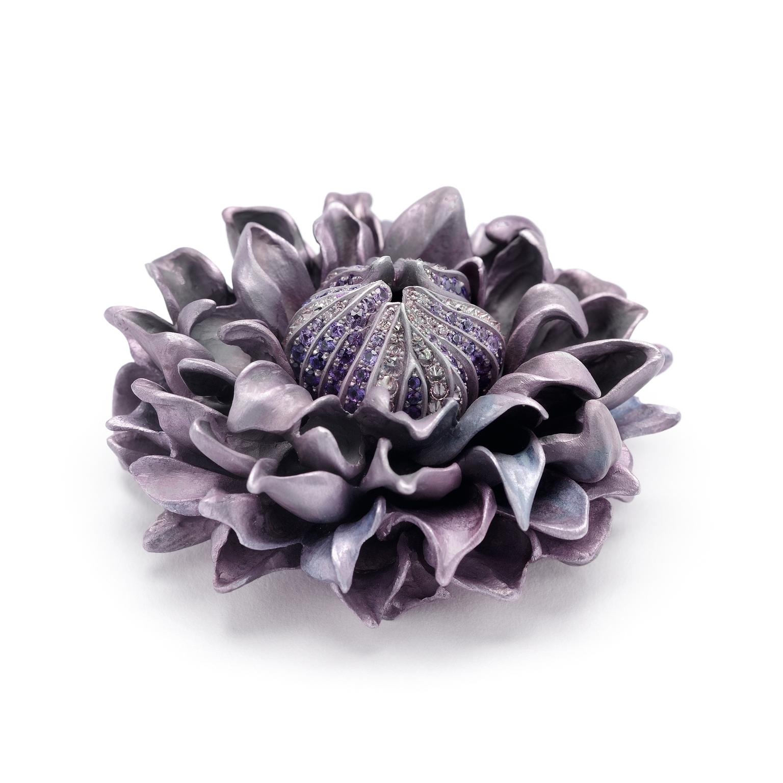 Clematis aluminium sapphire and diamond brooch Hemmerle The